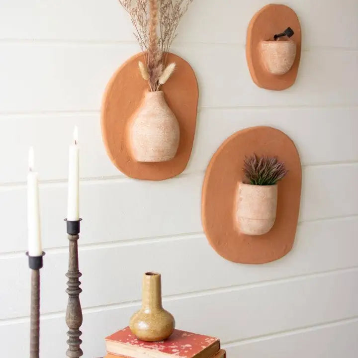 Set of 3 Clay Plaque Wall Vases