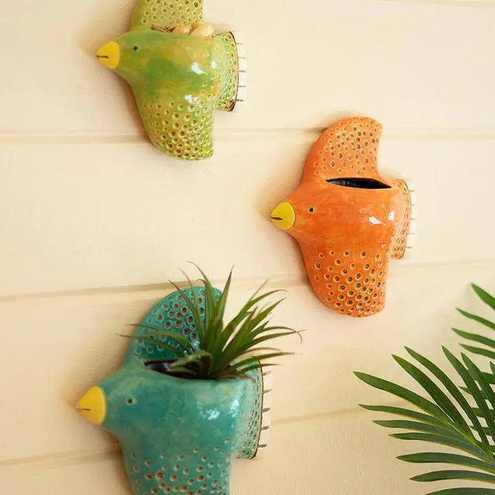 Set of 3 Colorful Ceramic Bird Wall Planters