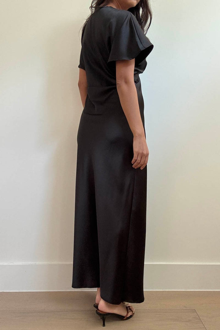 Satin V-neck Short Sleeves Midi Dress