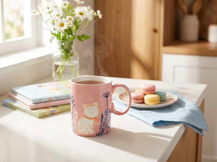 Pink Embossed Cat Ceramic Mug