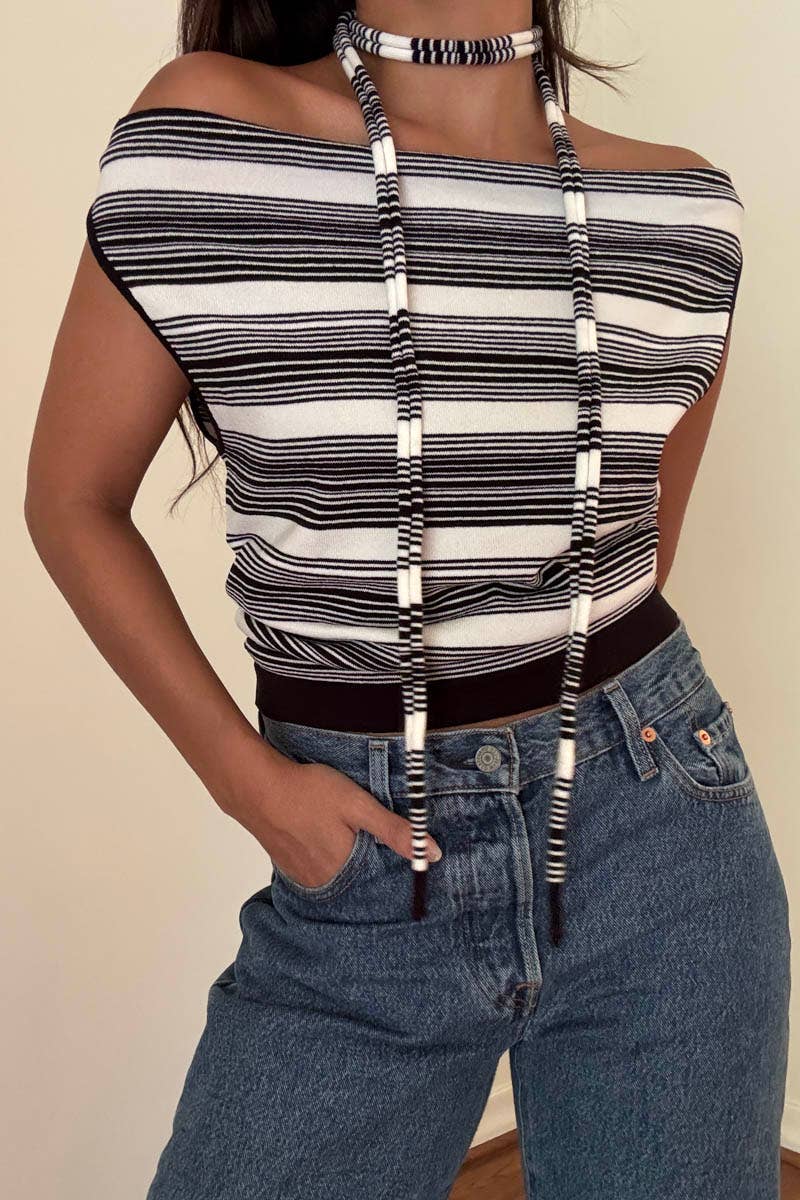 Striped Boat Neck Top W Scarf