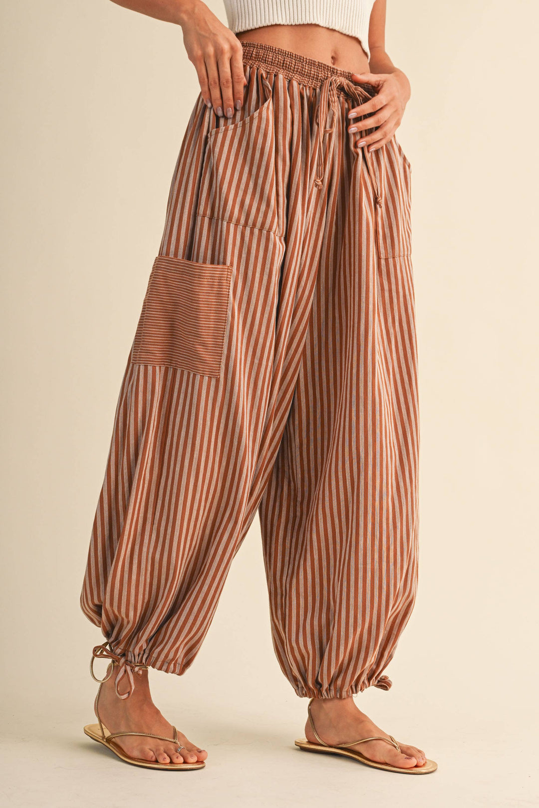 STRIPED DOUBLE GAUZE BALLOON PANTS