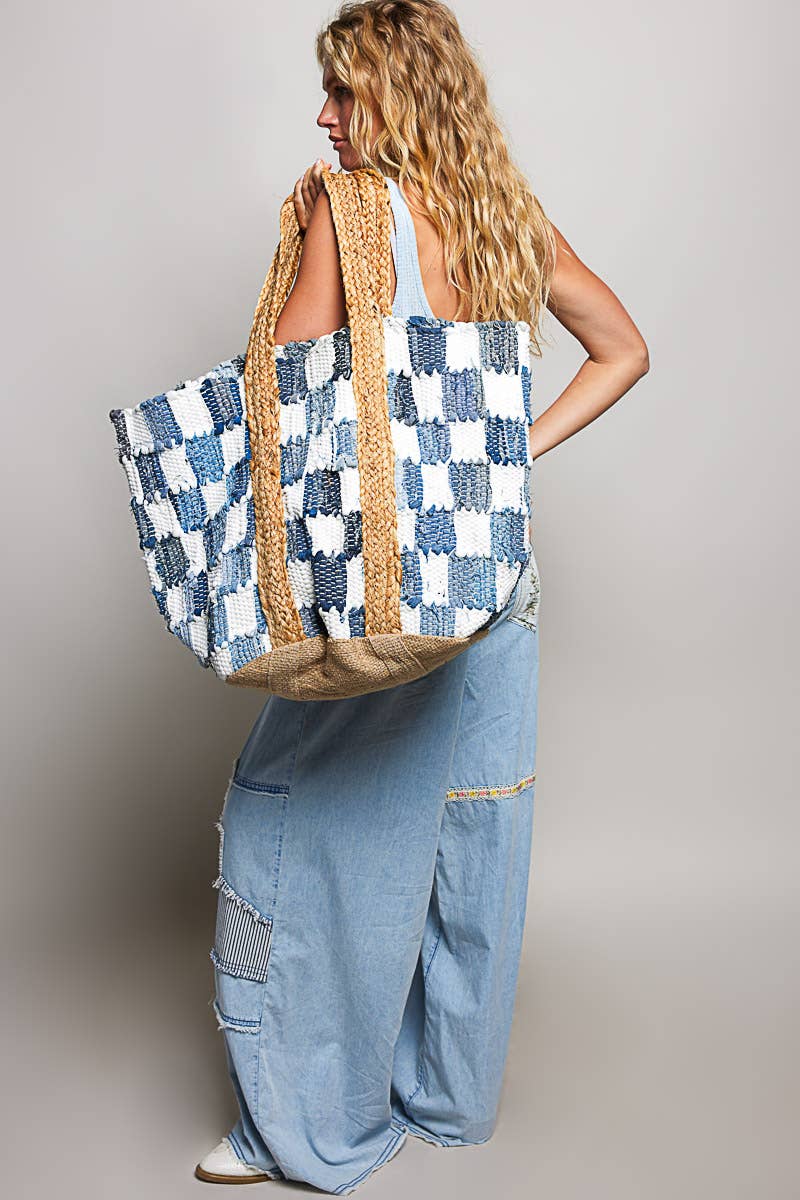 Ivory Denim Checker Woven Tote Bag