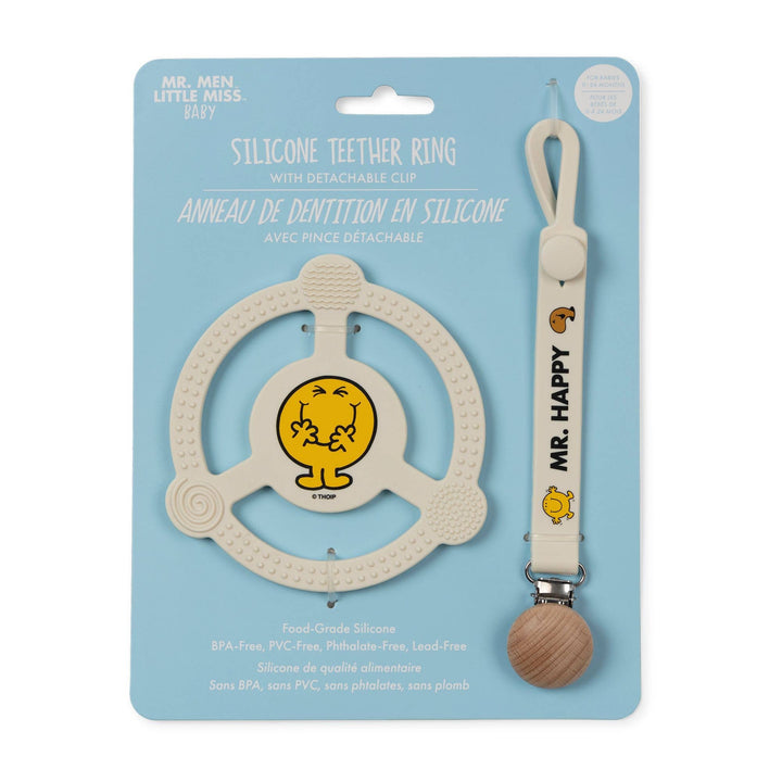Silicone Teether Ring w Detachable Clip Mr. Happy