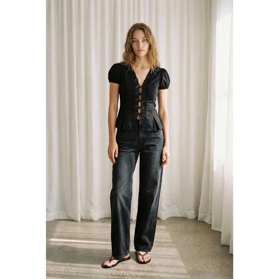 Lace Trim Puff Sleeves Blouse