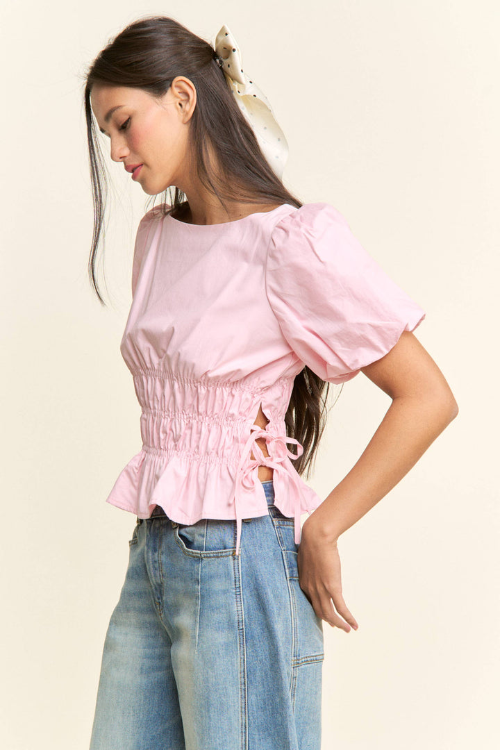 Boat Neckline Smocked Puff Sleeves Top: