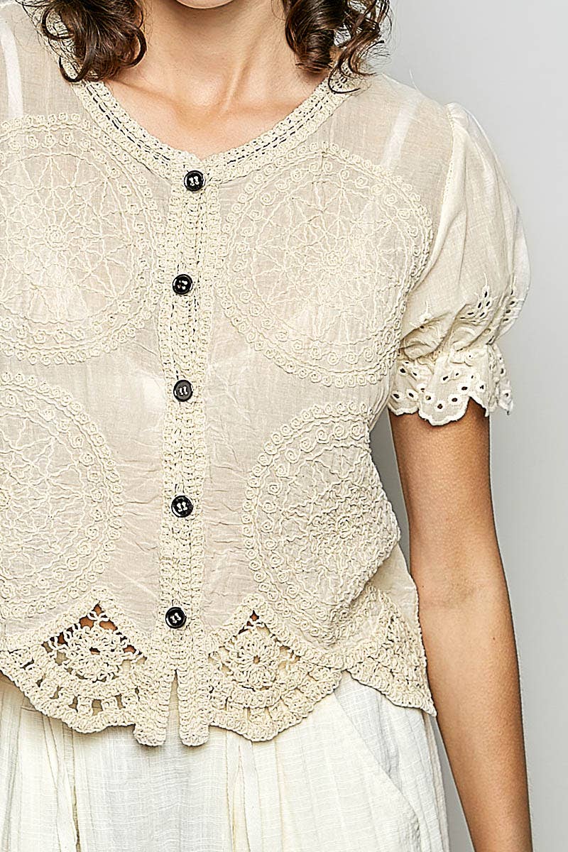 Round Neck Button Closure Crochet Top