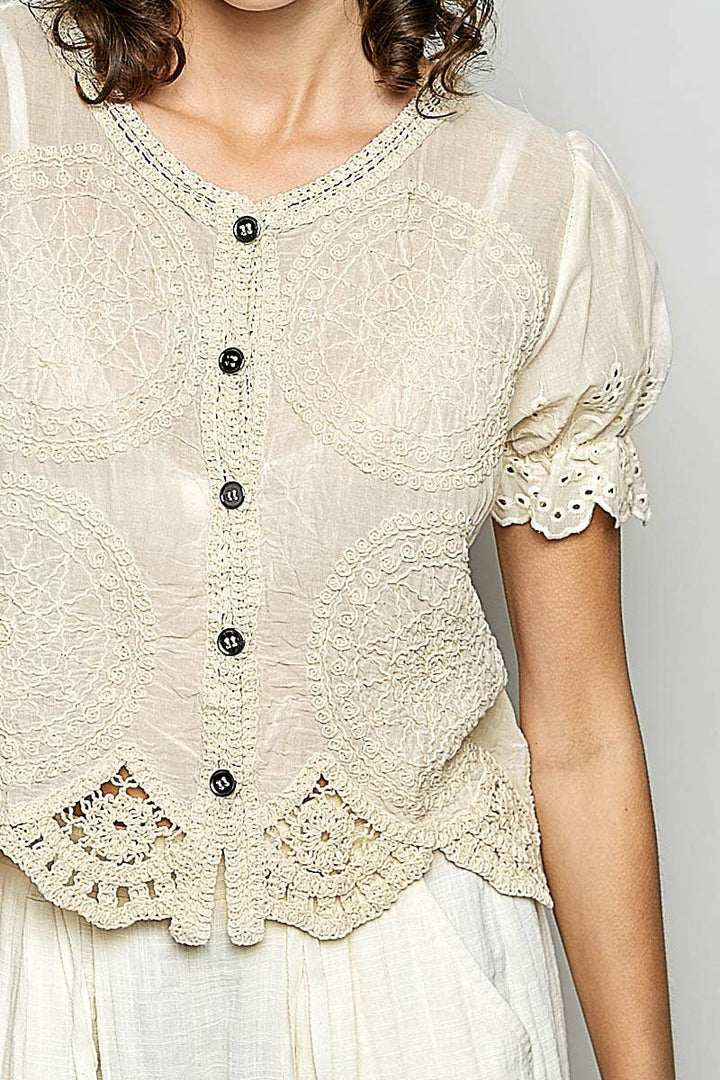 Round Neck Button Closure Crochet Top