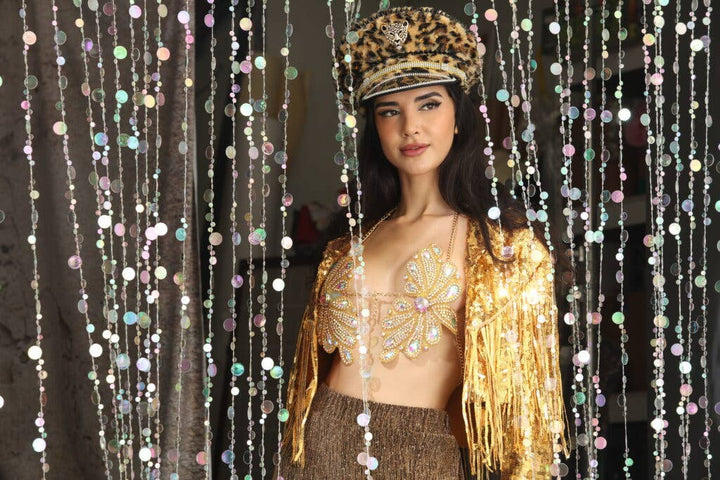 Sequin jacket with fringes-Gold: