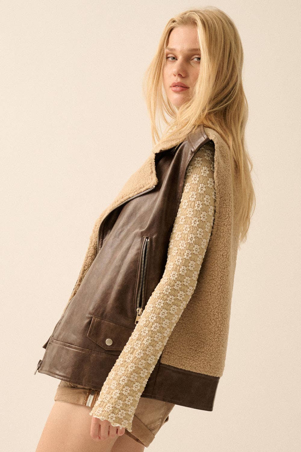 Vegan Leather &amp; Fleece Motorcycle Vest