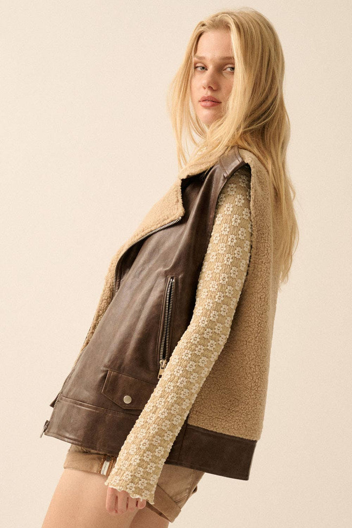 Vegan Leather &amp; Fleece Motorcycle Vest
