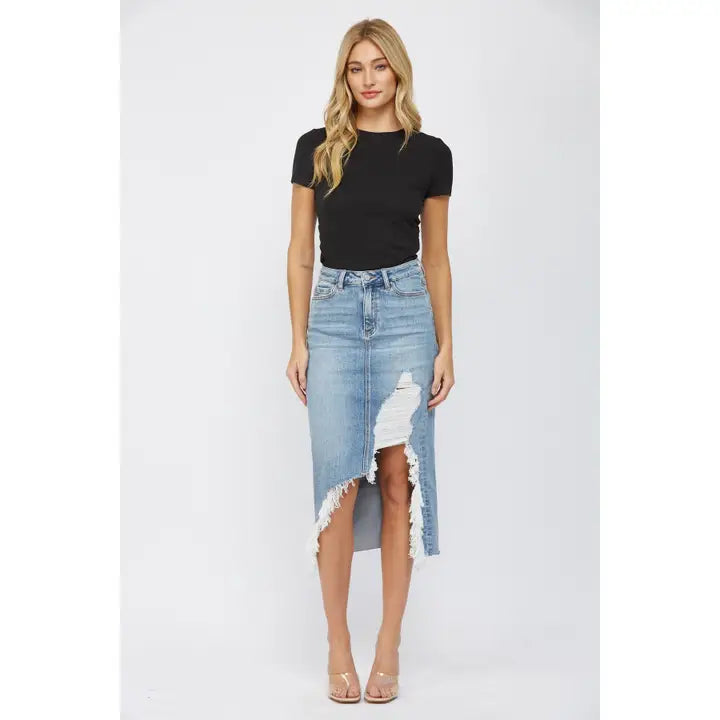 High Waisted Midi Skirt with Distressed