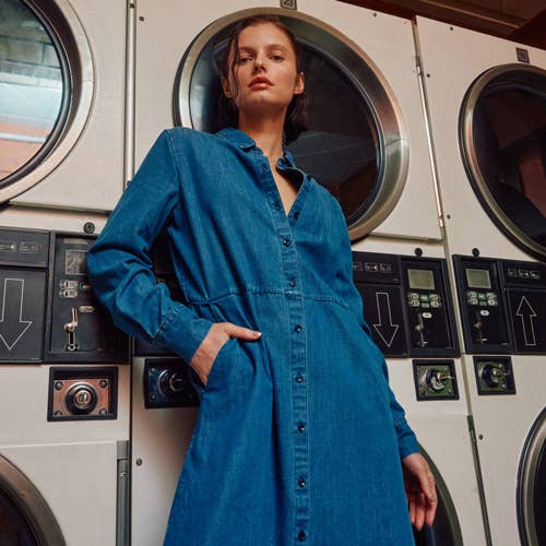 Button down Long Sleeves Denim Shirts Dress: