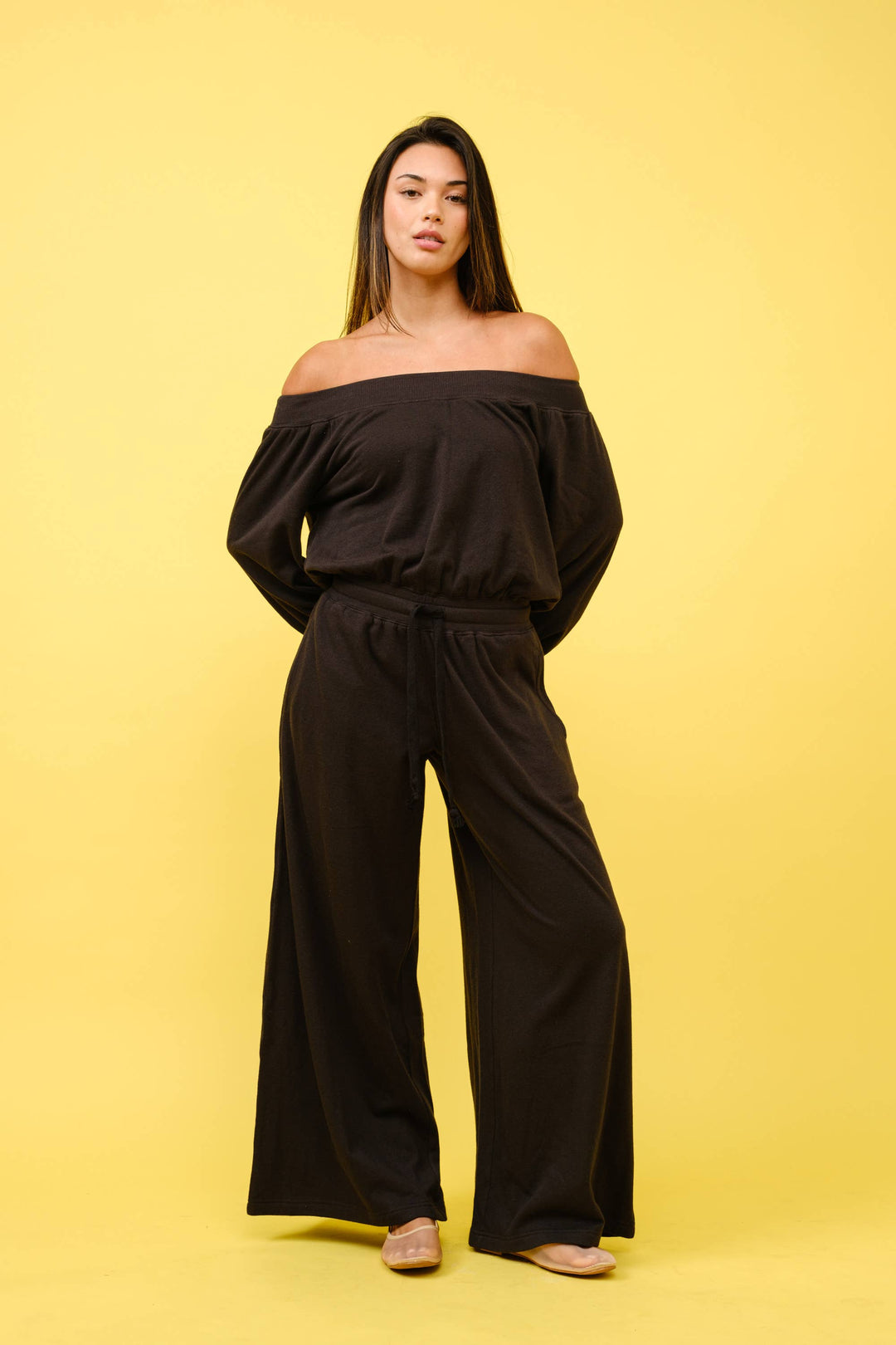 FRENCH TERRY OFF SHOULDER JUMPSUIT