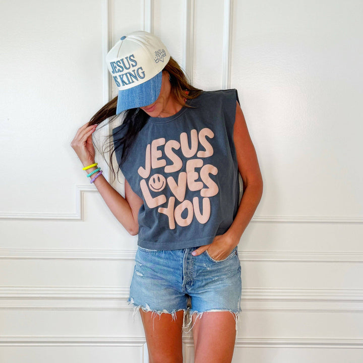 Smiley Jesus Loves You Puff Tank/Green