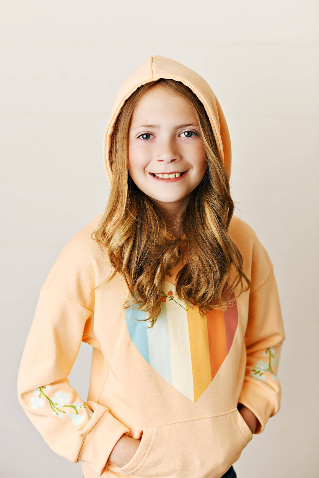 Kids Peach Heart & Floral Print Hoodie