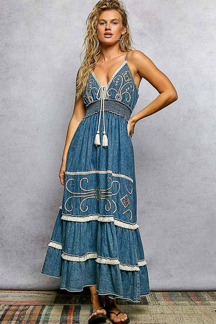 Embroidery Spangle Denim Dress
