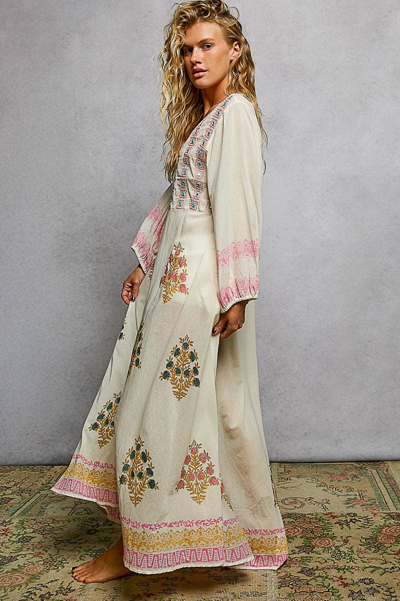 Embroidered Floral Print Maxi Dress