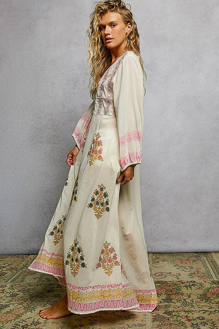Embroidered Floral Print Maxi Dress