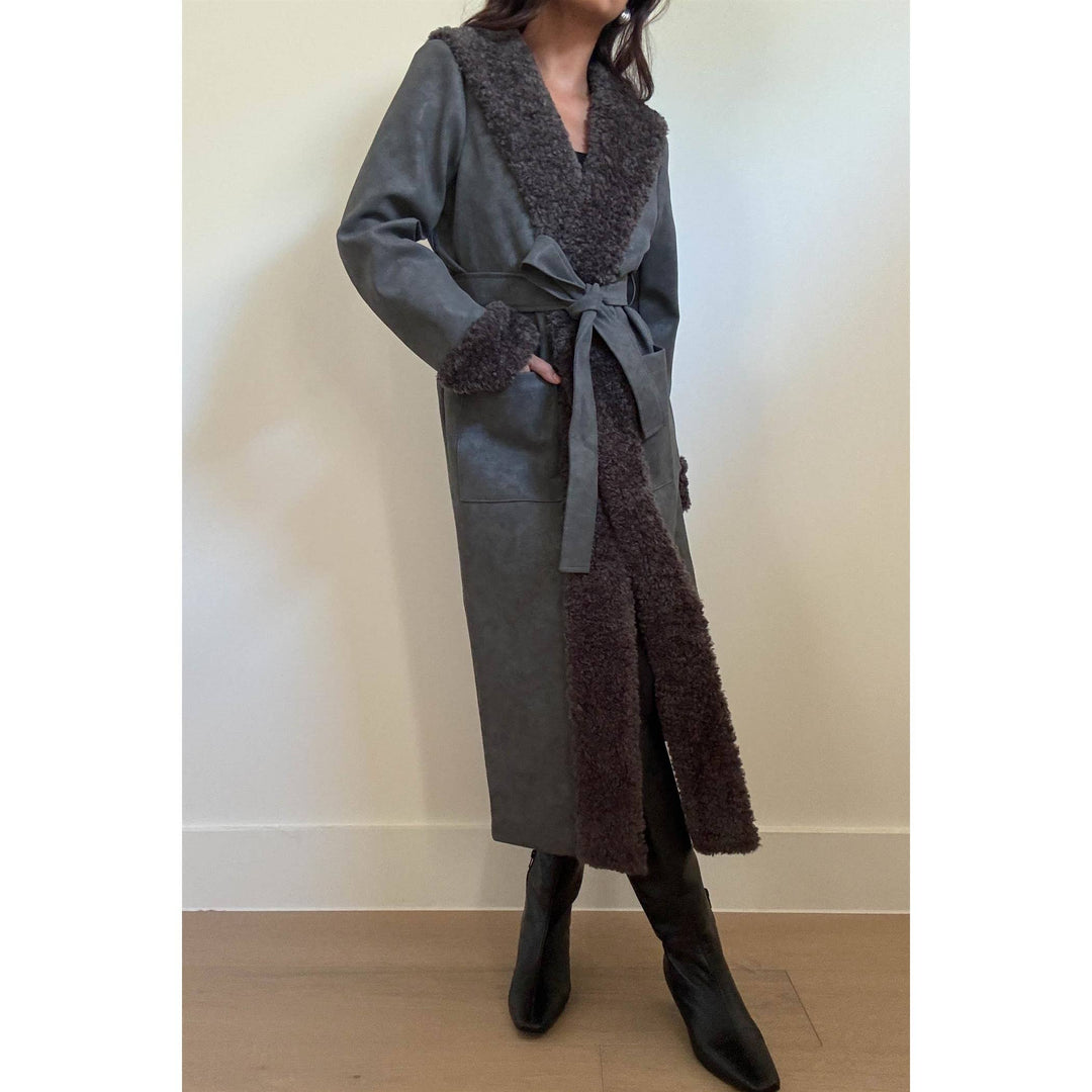 Faux Fur Trimmed Leather Coat