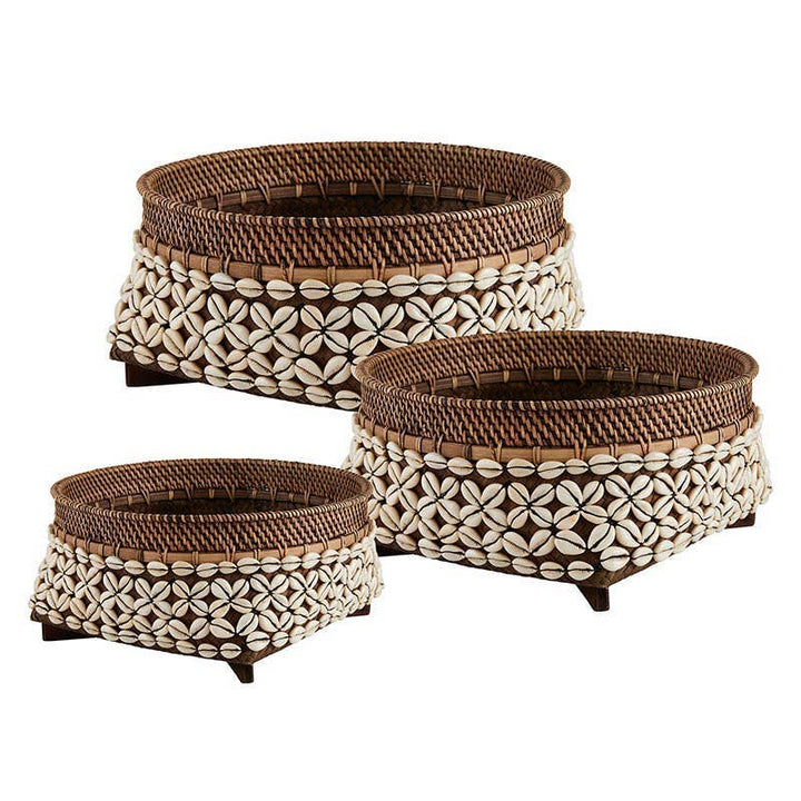 Rattan Cowrie Baskets - Set of 3