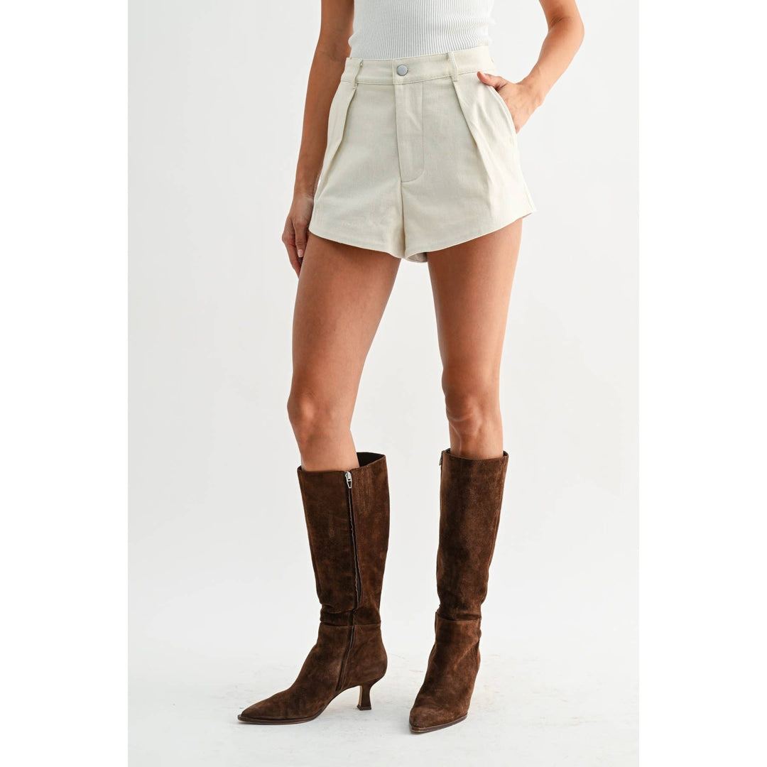 HIGH-WAISTED PLEATED COTTON SHORTS