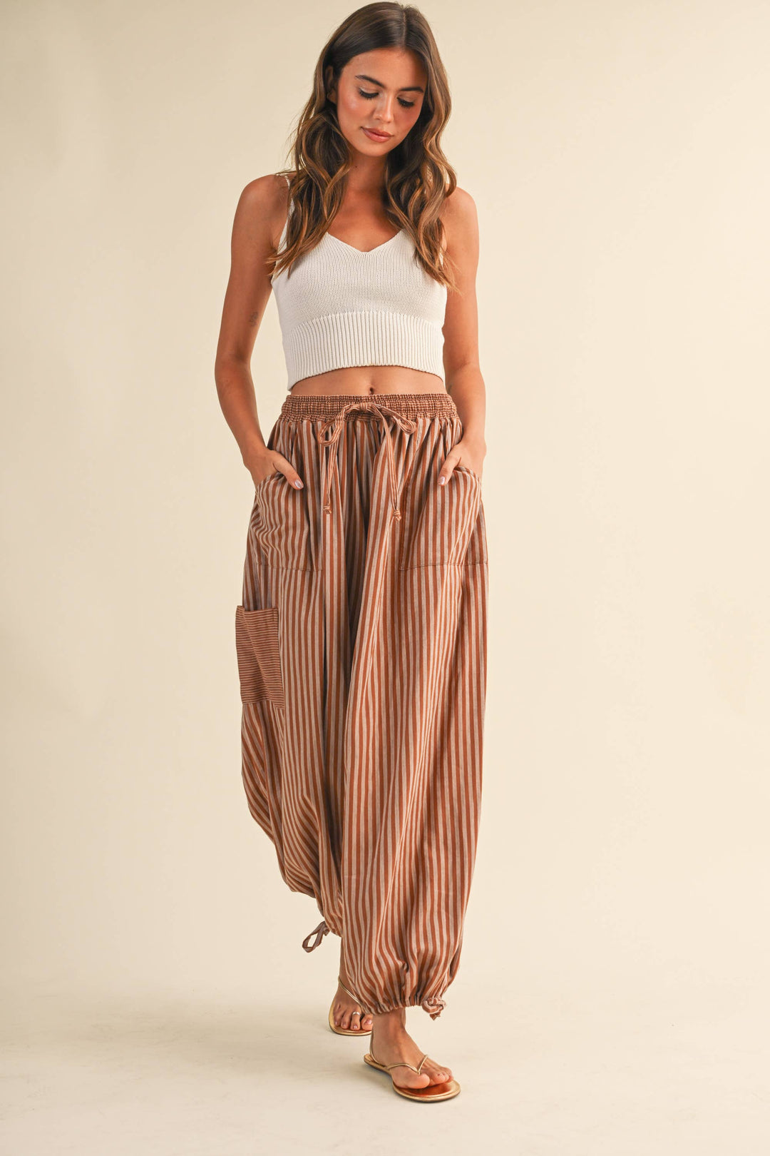 STRIPED DOUBLE GAUZE BALLOON PANTS