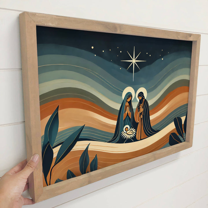 Modern Boho Christmas Nativity Rolling Hills - Nativity Art: 18x24" Large Canvas Art with Thick Wood Frame
