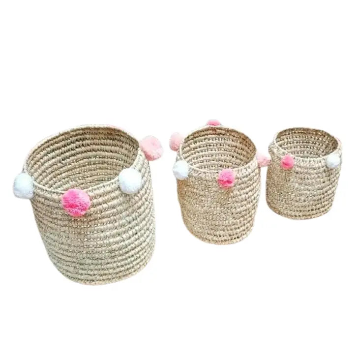 Set Of 3 Pompom Bohemian Storage Basket