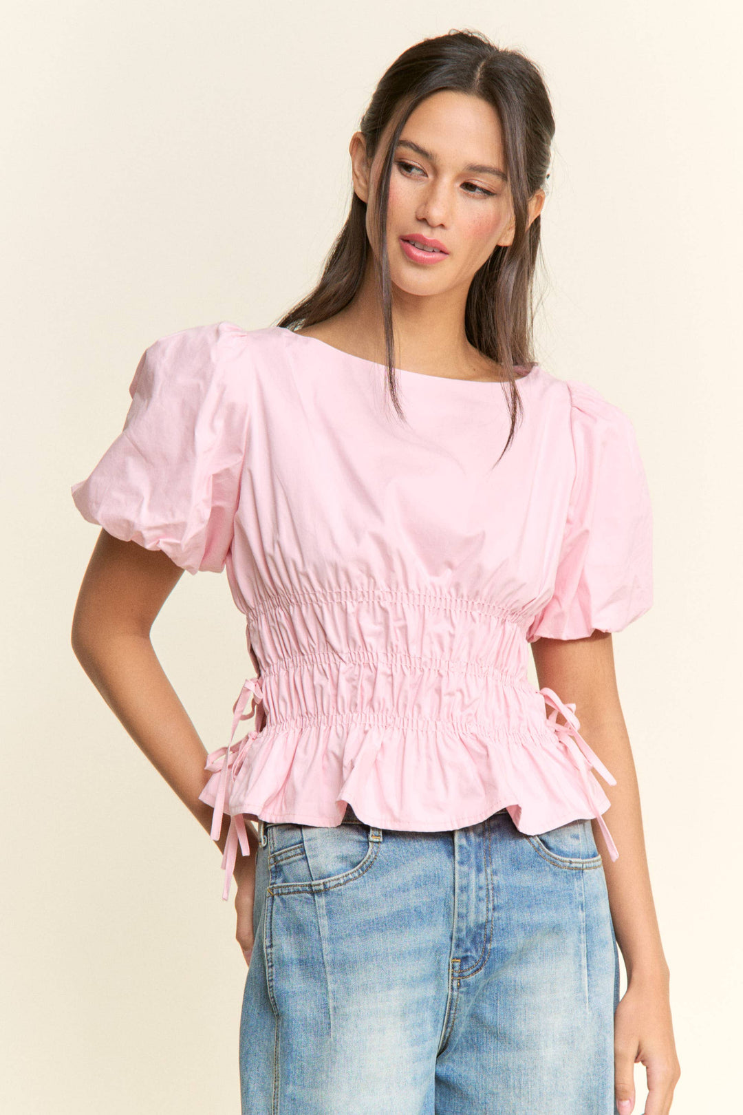 Boat Neckline Smocked Puff Sleeves Top: