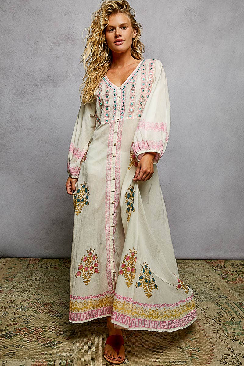 Embroidered Floral Print Maxi Dress