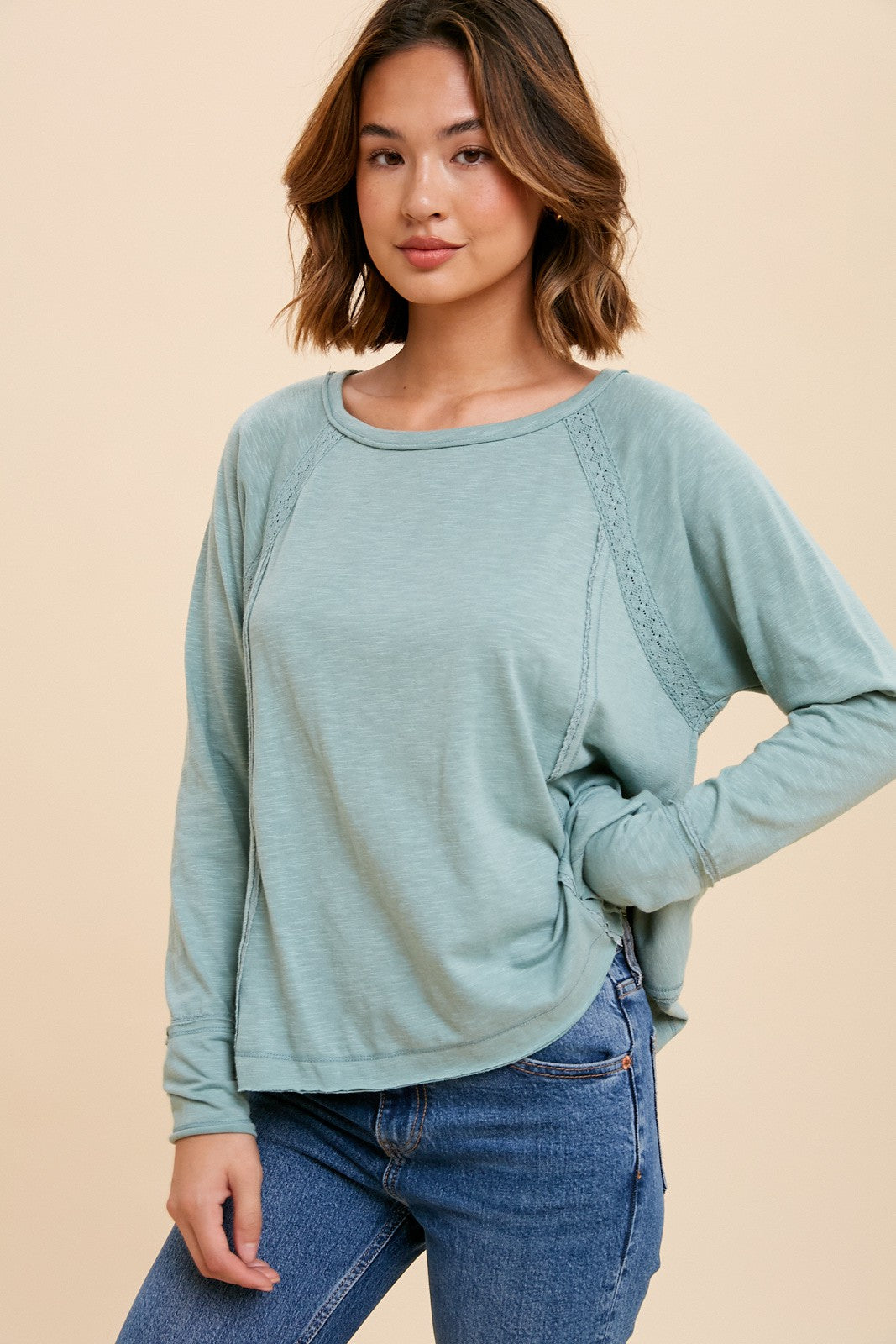 Lace Inset Raglan Long Sleeve Top