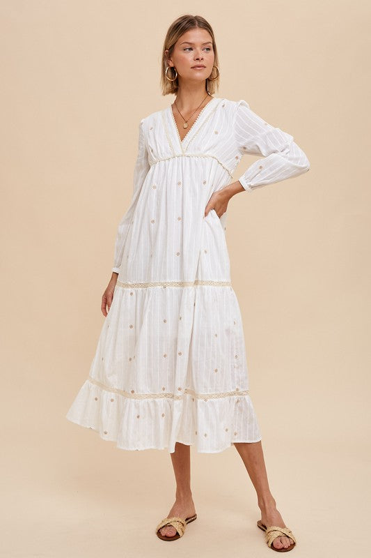 All Over Embroidery Tiered Midi Dress