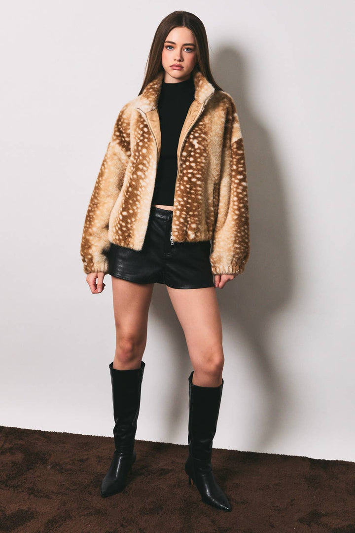 Faux Deer Print Zip Jacket