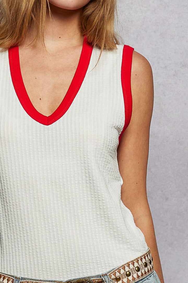 V-neck Sleeveless Contrast Rib Knit Top