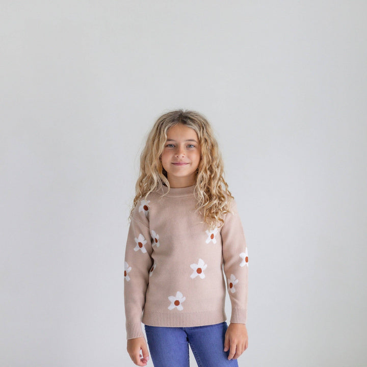 Beige Flower Crew Neck  Sweater