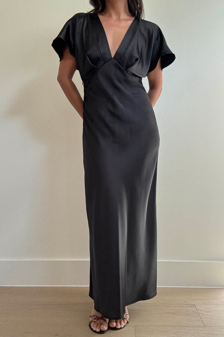 Satin V-neck Short Sleeves Midi Dress