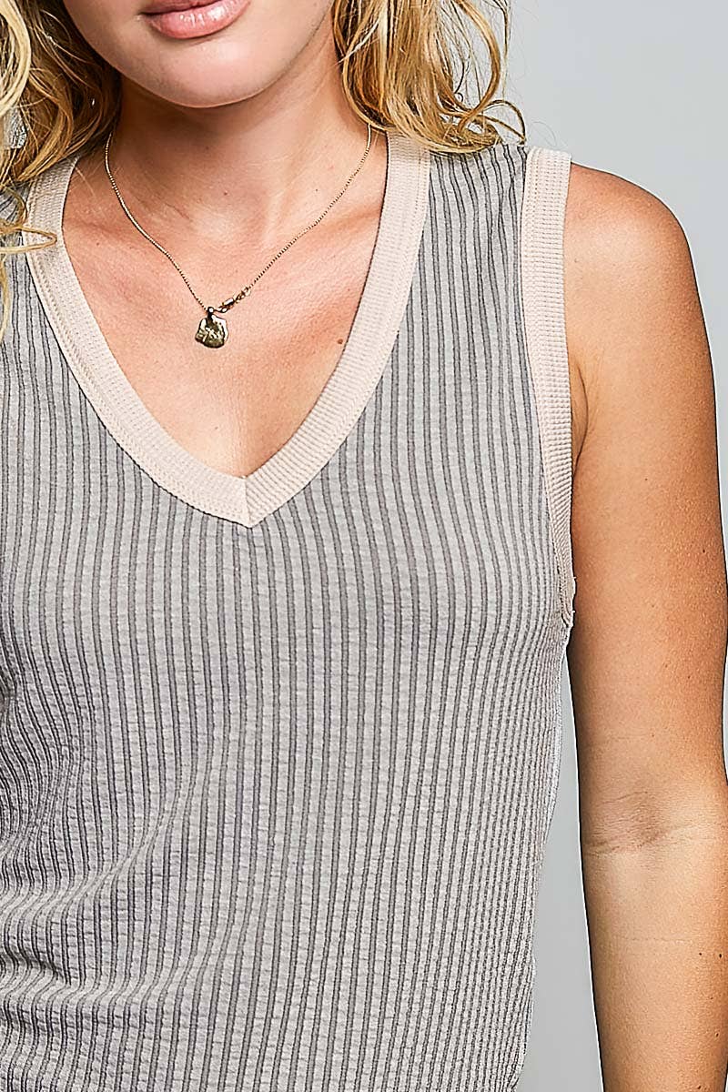 V-neck Sleeveless Contrast Rib Knit Top