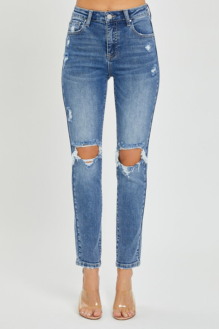 HIGH RISE DISTRESS SKINNY JEANS