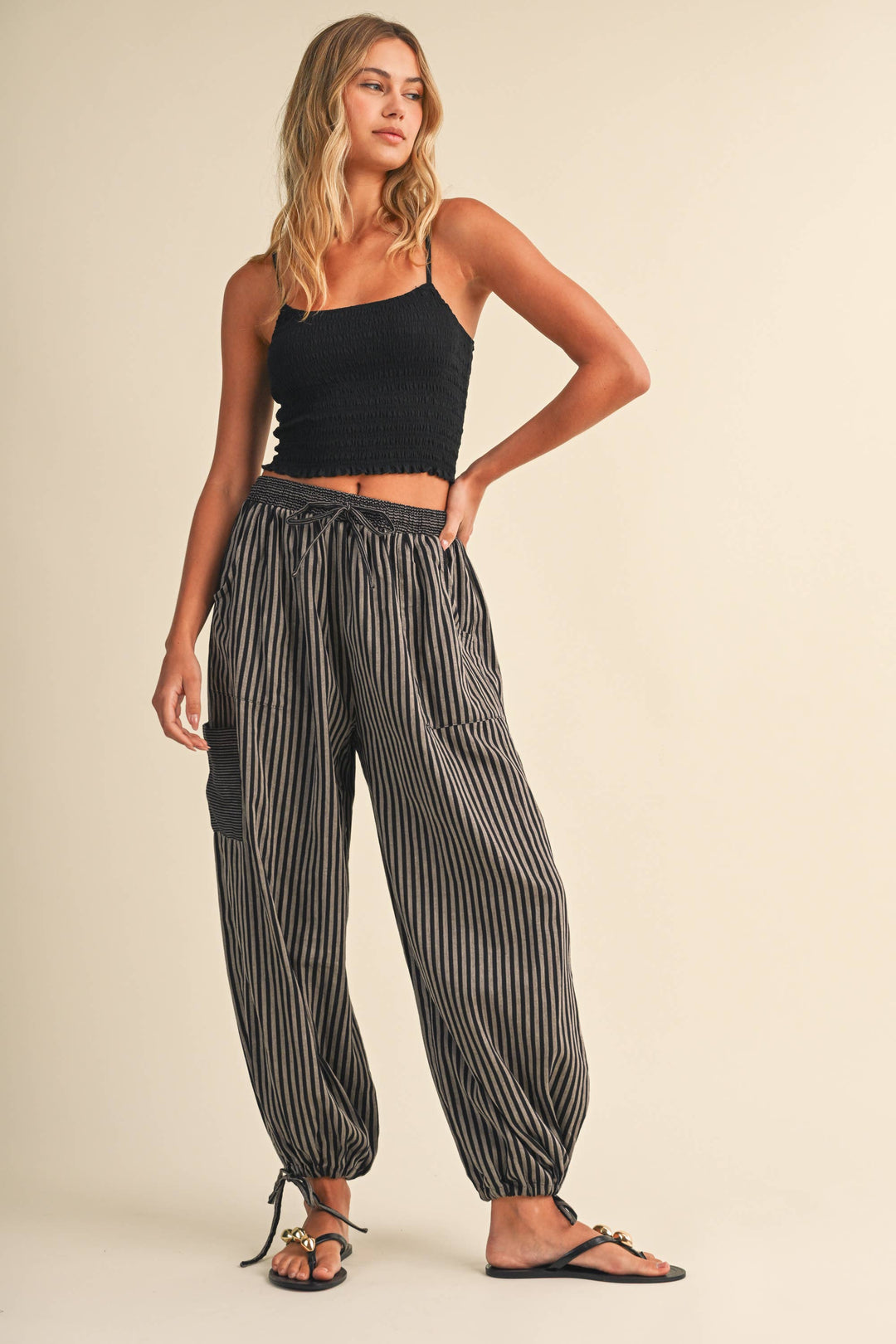 STRIPED DOUBLE GAUZE BALLOON PANTS