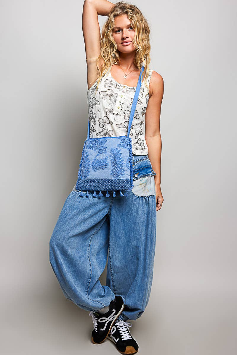 Handmade Embroidered Crossbody Denim Blue Bag: DENIM BLUE / Os