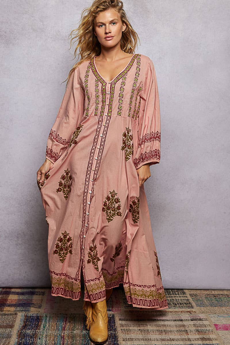 Embroidered Floral Print Maxi Dress