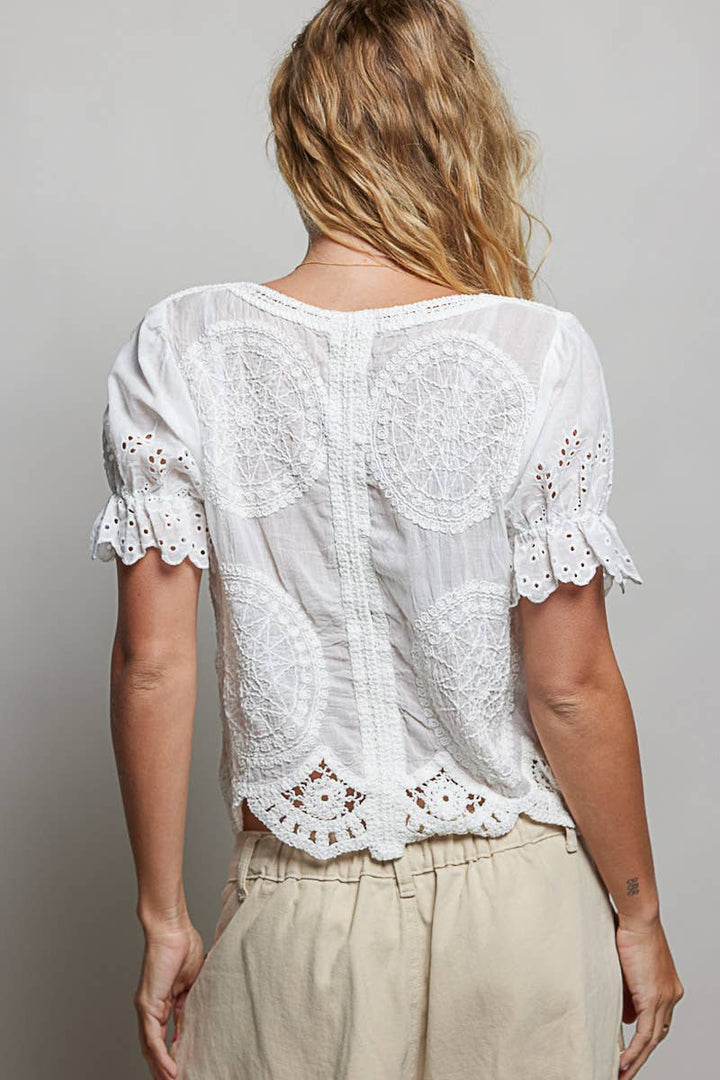 Round Neck Button Closure Crochet Top