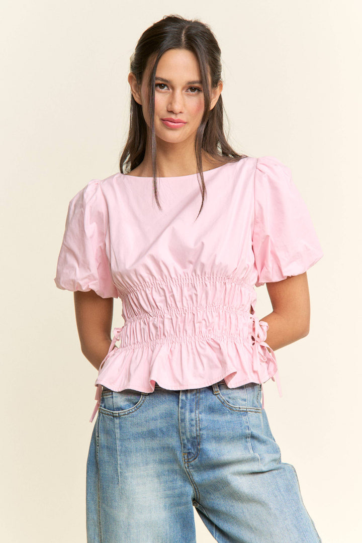 Boat Neckline Smocked Puff Sleeves Top: