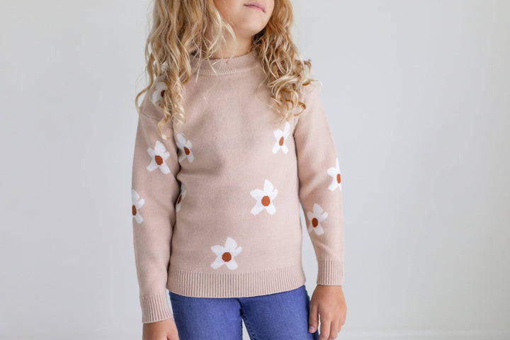 Beige Flower Crew Neck  Sweater