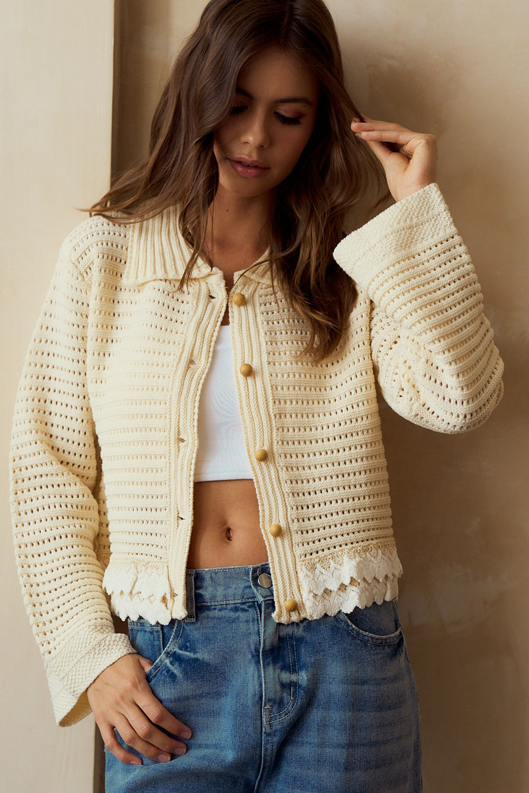 Luxe Lace Wooden Button Cardigan