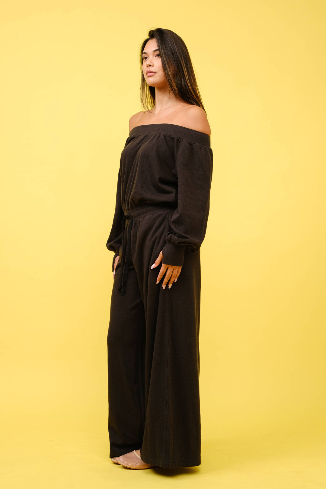 FRENCH TERRY OFF SHOULDER JUMPSUIT