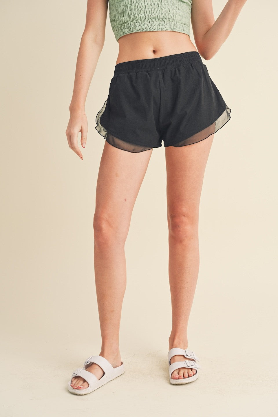 Active Shorts w\Sheer Ruffle Trim
