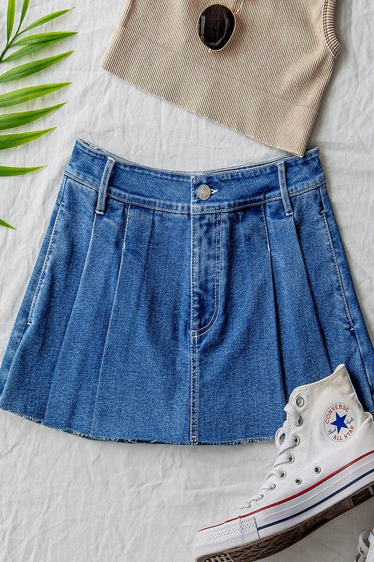 Pleaded Denim Skort