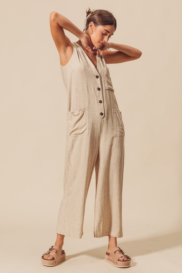 LINEN BUTTON DOWN OVERALLS